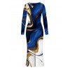 Vacation Couple Outfit Colorblock Fluid Marble Print Round Neck Bodycon Maxi Dress and Long Sleeve Shirt Set - Bleu profond S | US 4