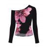 Vacation Top Pink Floral Print Colorblock Mesh Panel Skew Neck Cropped Top - Rose XXL | US 14