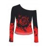 Gothic Top Rose Floral Butterfly Print Colorblock Mesh Panel Skew Neck Cropped Top - Rouge XXL | US 14