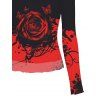 Gothic Top Rose Floral Butterfly Print Colorblock Mesh Panel Skew Neck Cropped Top - Rouge XXL | US 14