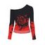 Gothic Top Rose Floral Butterfly Print Colorblock Mesh Panel Skew Neck Cropped Top - Rouge XXL | US 14