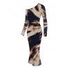 Vacation Dress Abstract Brush Stroke Print Mesh Skew Neck Long Sleeve Bodycon Dress - multicolor S | US 4