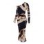 Vacation Dress Abstract Brush Stroke Print Mesh Skew Neck Long Sleeve Bodycon Dress - multicolor S | US 4