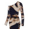 Vacation Dress Abstract Brush Stroke Print Mesh Skew Neck Long Sleeve Bodycon Dress - multicolor S | US 4