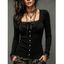 Lace Panel Bowknot Top Square Neck Mock Button Long Sleeve Solid Color Top - Noir XXL | US 14
