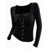 Lace Panel Bowknot Top Square Neck Mock Button Long Sleeve Solid Color Top - Noir XXL | US 14