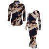 Vacation Couple Outfit Abstract Brush Stroke Print Mesh Skew Neck Bodycon Dress and Long Sleeve Shirt Set - multicolor S | US 4