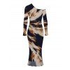 Vacation Couple Outfit Abstract Brush Stroke Print Mesh Skew Neck Bodycon Dress and Long Sleeve Shirt Set - multicolor S | US 4