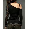 Gothic Women Outfit Rose Grommet Buckle Long Lace Sleeve Ruched Skew Neck Top and See Thru Flare Pants Set - Noir S | US 4