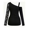 Gothic Women Outfit Rose Grommet Buckle Long Lace Sleeve Ruched Skew Neck Top and See Thru Flare Pants Set - Noir S | US 4