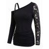 Gothic Women Outfit Rose Grommet Buckle Long Lace Sleeve Ruched Skew Neck Top and See Thru Flare Pants Set - Noir S | US 4