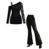 Gothic Women Outfit Rose Grommet Buckle Long Lace Sleeve Ruched Skew Neck Top and See Thru Flare Pants Set - Noir S | US 4