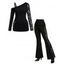 Gothic Women Outfit Rose Grommet Buckle Long Lace Sleeve Ruched Skew Neck Top and See Thru Flare Pants Set - Noir S | US 4