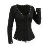 Daily Women Outfit Solid Color V Neck Grommet Lace Up Long Sleeve Slim Top and Buckle Lace Up Skinny Leggings Set - Noir S | US 4