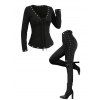 Daily Women Outfit Solid Color V Neck Grommet Lace Up Long Sleeve Slim Top and Buckle Lace Up Skinny Leggings Set - Noir S | US 4