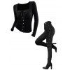 Daily Women Outfit Lace Panel Bowknot Square Neck Mock Button Top and Grommet Buckle Lace Up Skinny Legging Set - Noir S | US 4