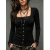 Daily Women Outfit Lace Panel Bowknot Square Neck Mock Button Top and Grommet Buckle Lace Up Skinny Legging Set - Noir S | US 4