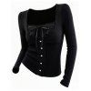 Daily Women Outfit Lace Panel Bowknot Square Neck Mock Button Top and Grommet Buckle Lace Up Skinny Legging Set - Noir S | US 4