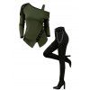 Casual Women Outfit Solid Color Skew Neck Lace Up Grommet Asymmetrical Hem Top and Chain Embellishment Skinny Pants Set - Vert Armée S | US 4