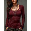 Casual Women Outfit Solid Color Grommet Lace Up Round Neck Top and Chain Embellishment Skinny Pants Set - Rouge foncé S | US 4