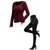 Casual Women Outfit Solid Color Grommet Lace Up Round Neck Top and Chain Embellishment Skinny Pants Set - Rouge foncé S | US 4