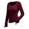 Casual Women Outfit Solid Color Grommet Lace Up Round Neck Top and Chain Embellishment Skinny Pants Set - Rouge foncé S | US 4
