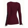 Casual Women Outfit Solid Color Grommet Lace Up Round Neck Top and Chain Embellishment Skinny Pants Set - Rouge foncé S | US 4