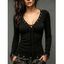 Solid Color Top V Neck Grommet Lace Up Long Sleeve Slim Top - Noir XXL | US 14