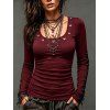Solid Color Top Grommet Lace Up Round Neck Long Sleeve Top - Rouge foncé XXL | US 14