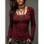 Solid Color Top Grommet Lace Up Round Neck Long Sleeve Top - Rouge foncé XXL | US 14