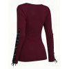Solid Color Top Grommet Lace Up Round Neck Long Sleeve Top - Rouge foncé XXL | US 14