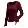 Solid Color Top Grommet Lace Up Round Neck Long Sleeve Top - Rouge foncé XXL | US 14