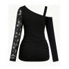Gothic Top Rose Grommet Buckle Long Lace Sleeve Ruched Skew Neck Top - Noir XXL | US 14