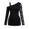 Gothic Top Rose Grommet Buckle Long Lace Sleeve Ruched Skew Neck Top - Noir XXL | US 14