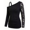 Gothic Top Rose Grommet Buckle Long Lace Sleeve Ruched Skew Neck Top - Noir XXL | US 14