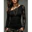 Gothic Top Rose Grommet Buckle Long Lace Sleeve Ruched Skew Neck Top - Noir XXL | US 14