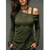 Solid Color Top Skew Neck Lace Up Grommet Asymmetrical Hem Long Sleeve Top - Vert Armée XXL | US 14