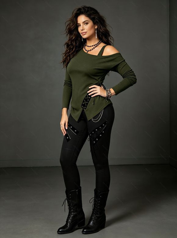 Casual Women Outfit Solid Color Skew Neck Lace Up Grommet Asymmetrical Hem Top and Chain Embellishment Skinny Pants Set - Vert Armée S | US 4