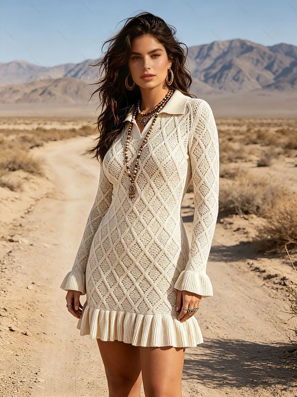 Solid Color Sweater Dress Geometric Textured Flounce Turn Down Collar Bodycon Mini Dress - Beige L | US 8-10