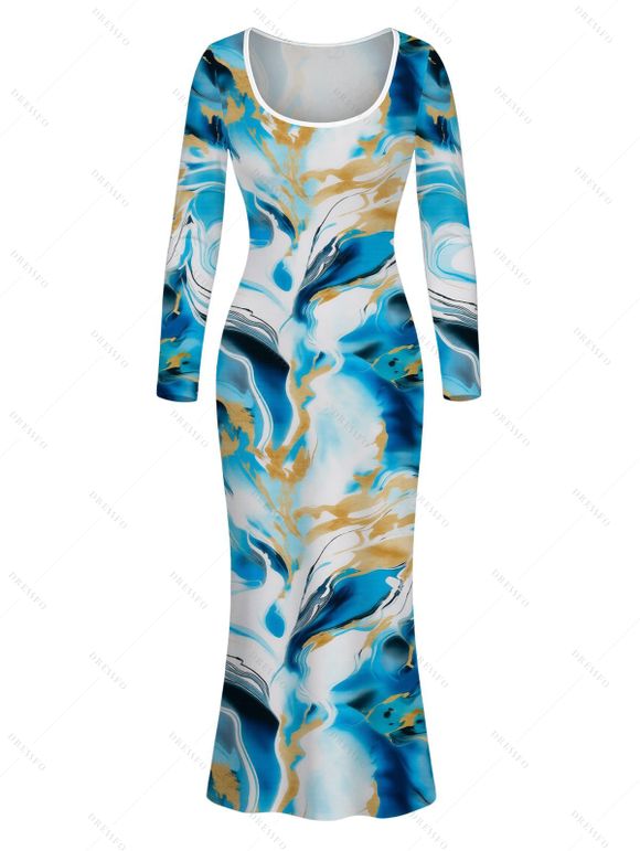 Vacation Dress Marble Fluid Print U Neck Long Sleeve Bodycon Dress - Bleu Ciel XL | US 12
