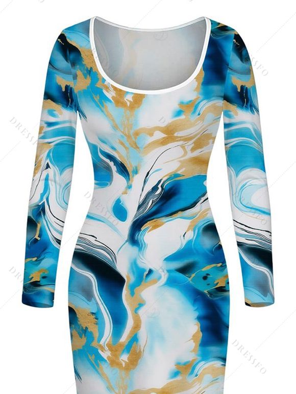 Vacation Dress Marble Fluid Print U Neck Long Sleeve Bodycon Dress - Bleu Ciel XL | US 12