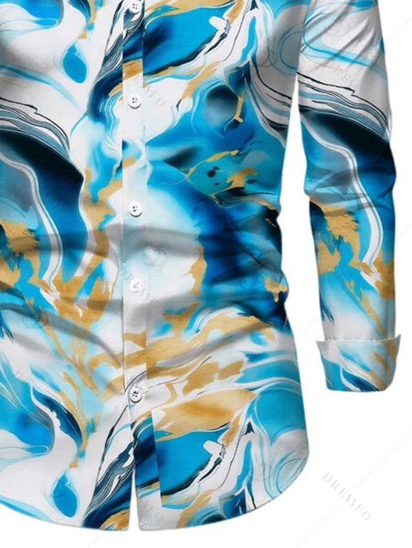 Men's Vacation Shirt Marble Fluid Print Long Sleeve Button Up Shirt - Bleu Ciel XL