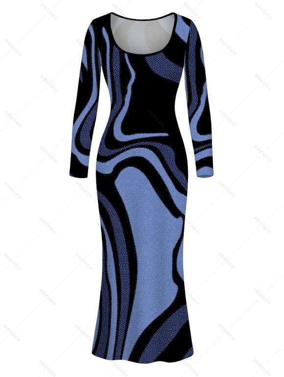 Vacation Dress Psychedelic Wave Print U Neck Long Sleeve Bodycon Maxi Dress - Bleu XXL | US 14