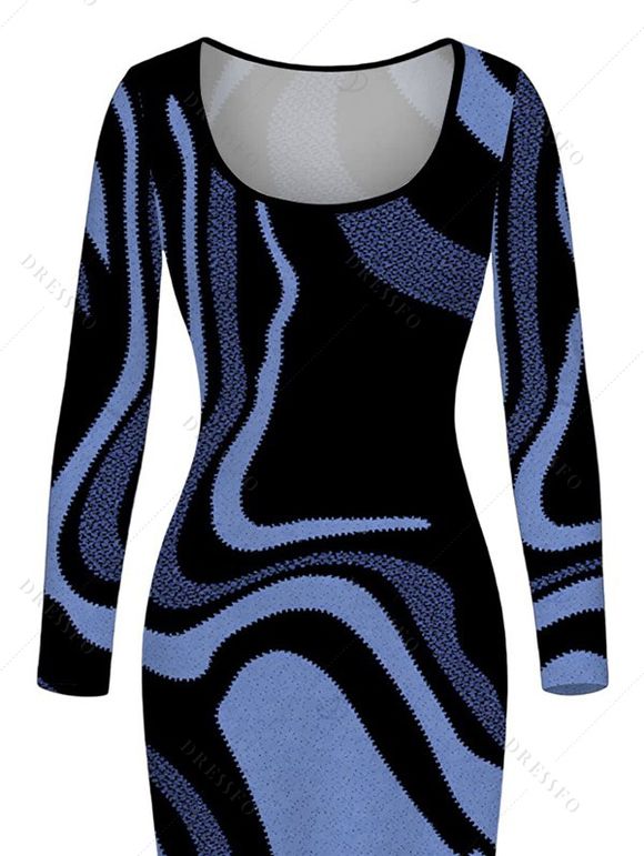 Vacation Dress Psychedelic Wave Print U Neck Long Sleeve Bodycon Maxi Dress - Bleu XXL | US 14