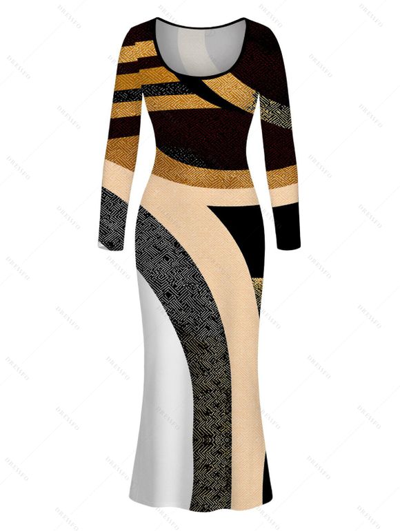 Vacation Dress Colorblock Geometric Patchwork Print U Neck Long Sleeve Bodycon Dress - Noir XXL | US 14