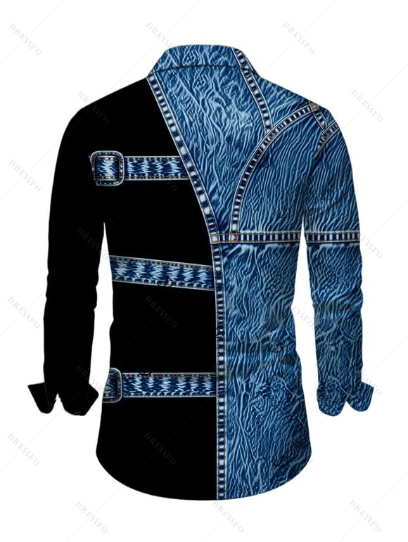 Men's Vacation Shirt Colorblock Faux Denim Print Button Up Long Sleeve Shirt - Bleu 5XL