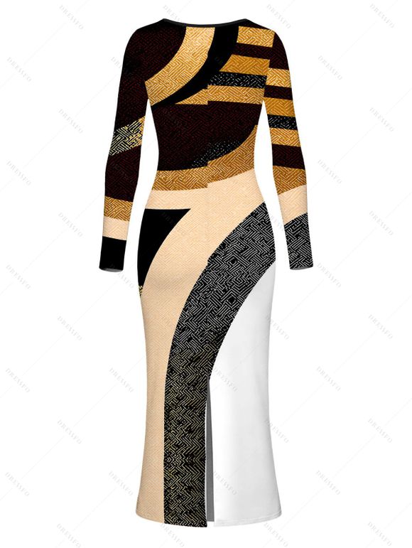 Vacation Dress Colorblock Geometric Patchwork Print U Neck Long Sleeve Bodycon Dress - Noir XXL | US 14