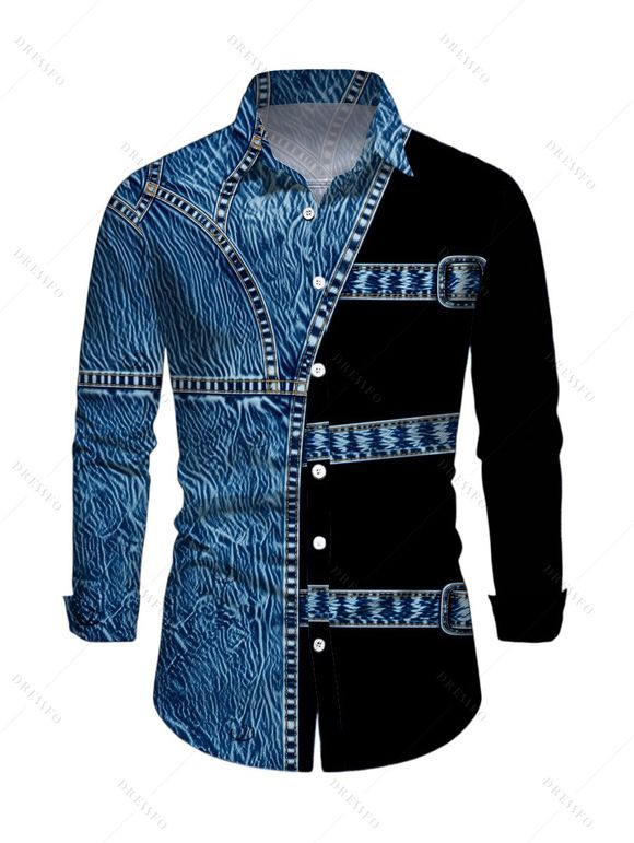 Men's Vacation Shirt Colorblock Faux Denim Print Button Up Long Sleeve Shirt - Bleu 5XL
