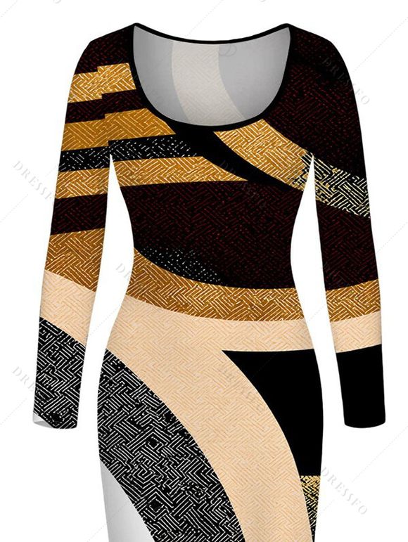 Vacation Dress Colorblock Geometric Patchwork Print U Neck Long Sleeve Bodycon Dress - Noir XXL | US 14