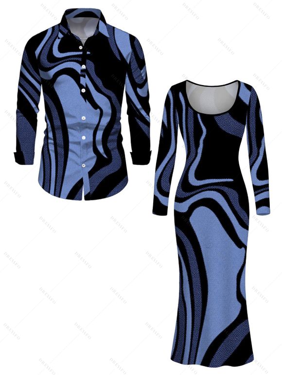 Vacation Couple Outfit Psychedelic Wave Print U Neck Long Sleeve Bodycon Maxi Dress and Shirt Set - Bleu S | US 4